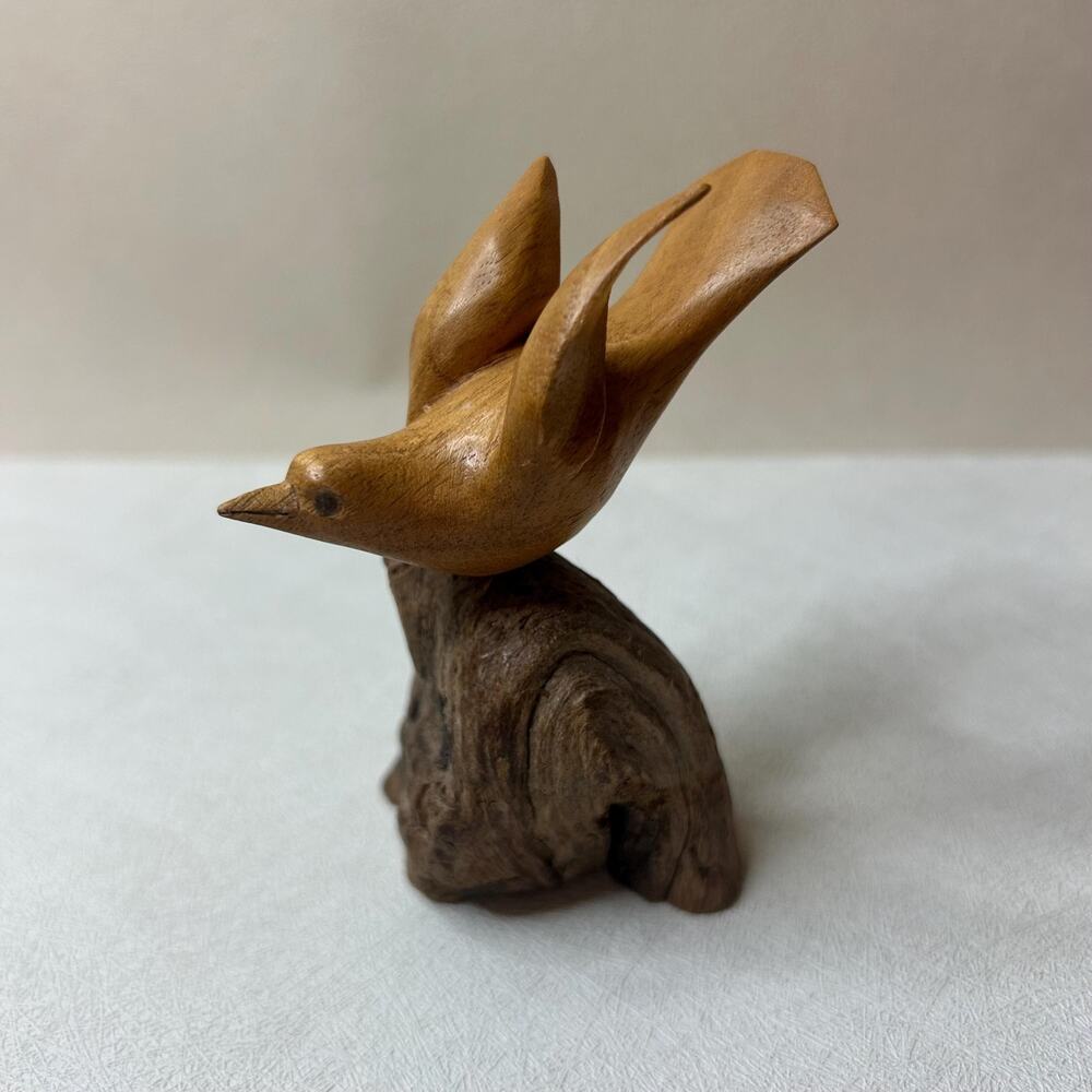 Vintage Hand Carved Wood Bird Figurine on Driftwood Base